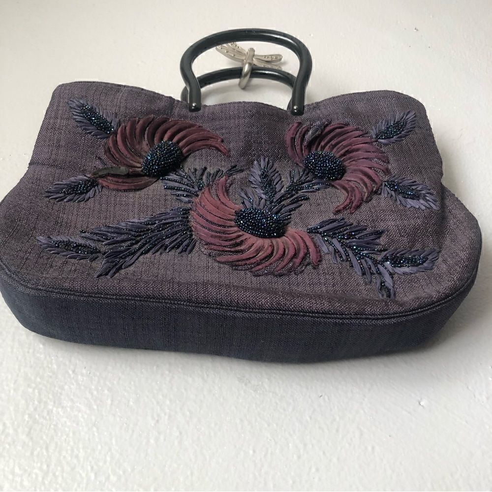 Vintage beaded purple floral feather design vintage handbag - Picture 5 of 11